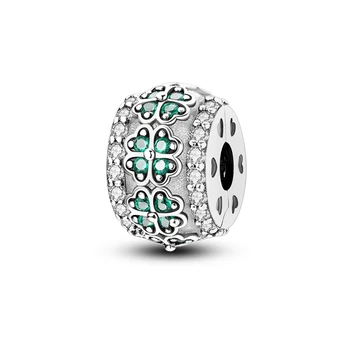 Нови постъпления 925 сребро, облицована със зелен цирконием, мъниста от четырехлистного детелина, чар, подходящ за браслету Пандора, подарък за момиче на късмета си,