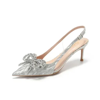 Нови сватбени обувки с остър пръсти на тънък ток, универсални модни летни сандали на висок ток с лък