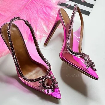 Обувки на висок ток с четки Фуксия и кристали Hot Chick, Сребърни сандали на висок ток с диаманти, заострени, блестящи обувки от PVC с побрякушками.