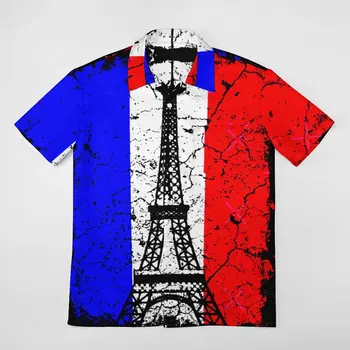 Париж, Айфеловата кула, флаг на Франция, незаменим риза, костюм най-високо качество, Реколта риза с къси ръкави, размер Eur