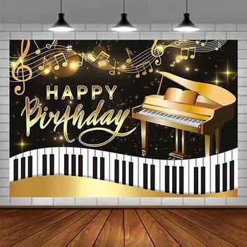Пиано честит Рожден Ден на Фон За Снимки на Музикални Ноти, Ключове Черен и Златен Фон Рожден Ден на Бебе Душ Парти Торта Декор на Масата