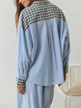 Пижами Women Lounge Y2k, комплект от 2 теми, Риза с дълъг ръкав и копчета отпред, Широки панталони, шарени клетчатая пижама, пижама