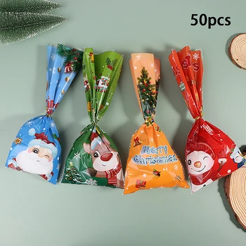 Подаръчен пакет Коледна серия 50шт Найлонови торбички за подаръци, Бонбони, Бисквити Коледна разпродажба в магазин за дома Подаръчни торбички за опаковане на бисквитка