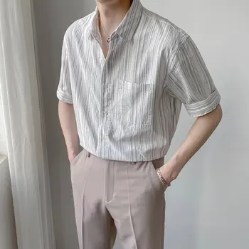 Раирана риза Мъжки Тънки Летни Корейски Ризи за Мъже Ins Ежедневни Облекла, Ризи и блузи с къси ръкави 반팔 셔츠 Harajuku Tee