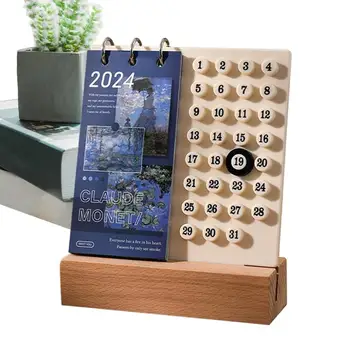 Ротационен Настолен Календар за многократна употреба Дървена Настолна Вечен Календар Орнамент за Украса на работния плот Аксесоар за дома си САМ