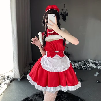 Секси червена Коледна рокля на прислужница с квадратна елемент, скъпа униформи прислужница ресторант, набор от костюми на японската Лолита 