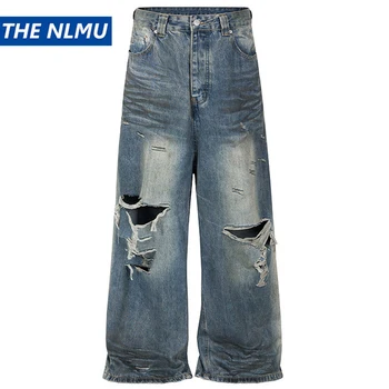 Сини широки дънки в стил хип-хоп, Hi Street, оръфан, скъсани, годината на реколтата, ретро, Свободни дънкови панталони, мъжки Луксозни дизайнерски дънкови панталони