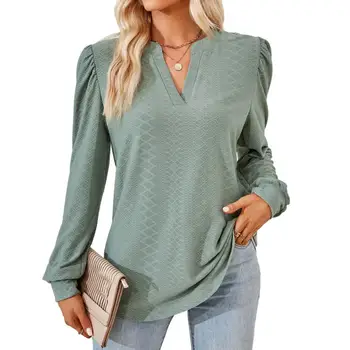 Топ Regular Fit, елегантен пуловер с аппликацией, стилен V-образно деколте, мека однотонная блуза със средна дължина за жени, всекидневни женски топ за пътуване до работа.
