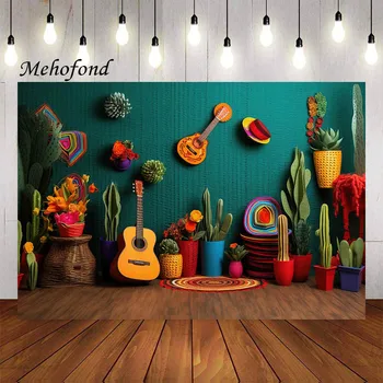 Фон за снимки Mehofond западния Мексикански Кактуси кактус китара Розов цветен декор за детски рожден ден Фон за фото студио