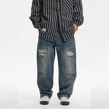 Хип-хоп Карго Широки дънкови панталони Мъжки Харакудзу Реколта скъсани дънкови панталони в стил мозайка