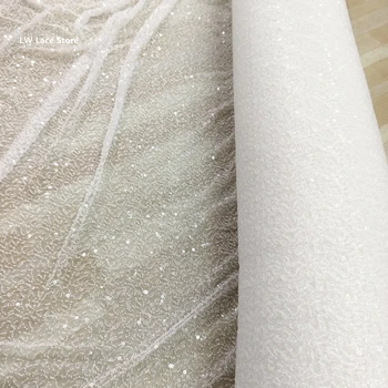 Цената на 1 метър Бяла сватбена рокля дантела материал Луксозен плат за бродиране с мъниста Тежко качество на Супер!