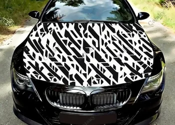 Черно-бели геометрични фигури Винил върху предния капак на автомобила Пренасяне на винил фолио Етикети на капака на двигателя на Стикер на колата Автоаксесоари