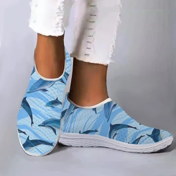 אופנה כחול דולפין הדפסת קיץ לנשימה רשת נעלי לבן רך בלעדי קל משקל חיצוני נעלי נעליים יומיומיות
