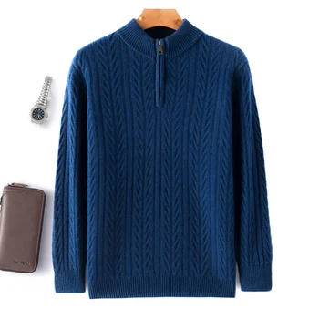 Есен/Зима, нова мъжки морозостойкая дрехи от 100% чиста вълна, кръгъл отвор, обикновен пуловер с цип, модерен дишаща пуловер